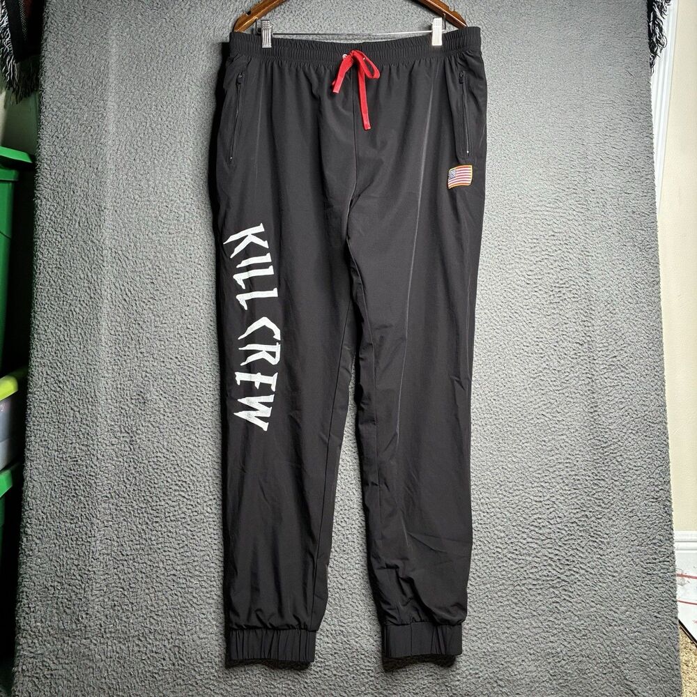 Kill Crew Jogger Pants Mens 2XL Black Nylon Zip Pockets USA Flag Athletic